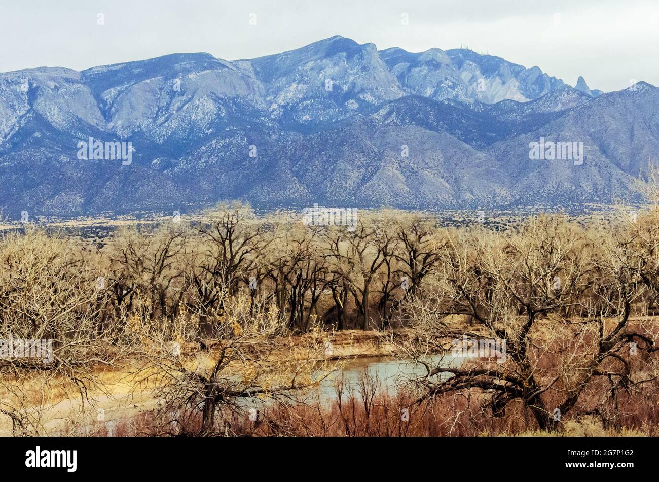 Sandia Mountains from the Rio Grande River in New Mexico Stock Photo