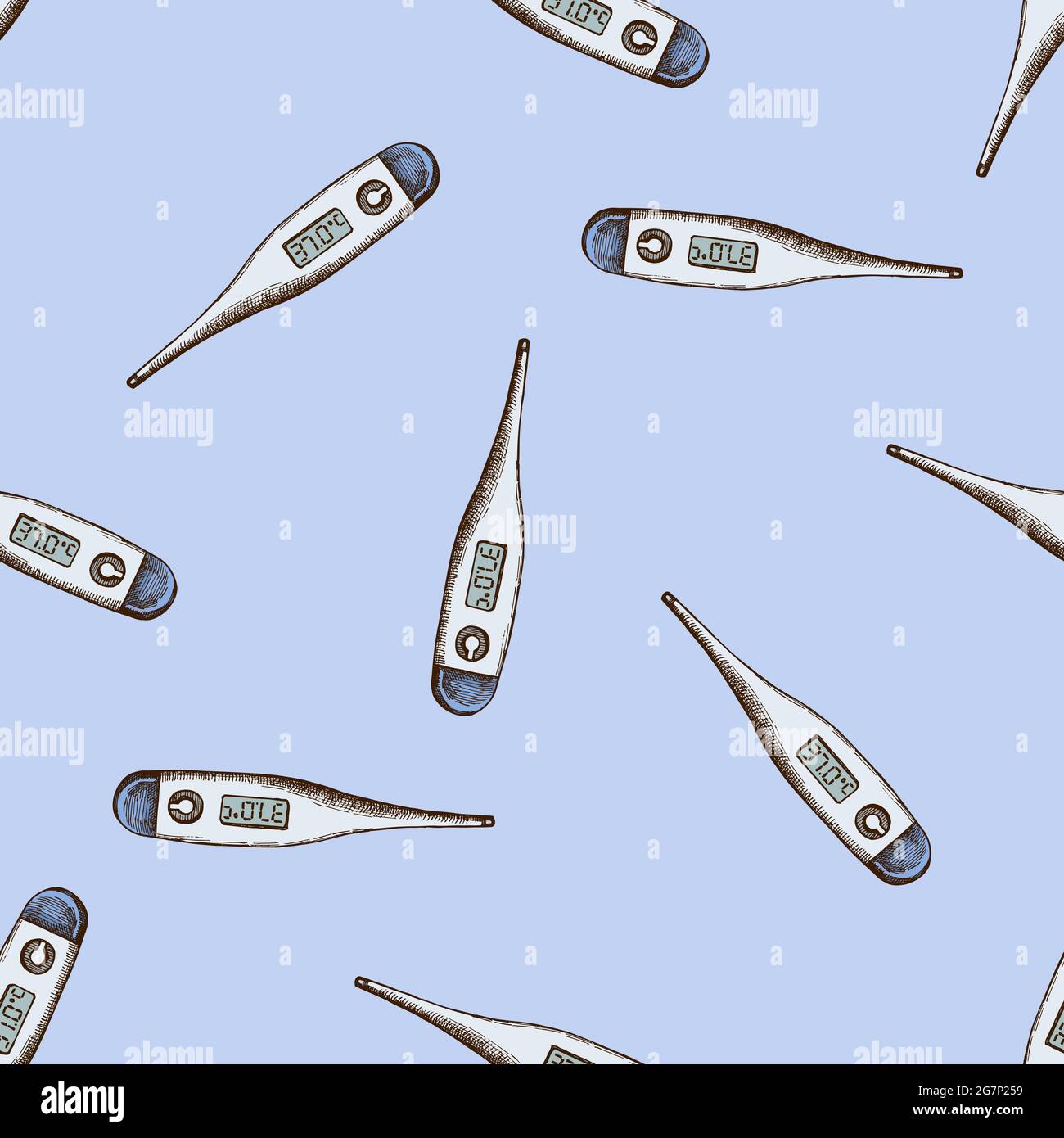 Seamless pattern with hand drawn colored medical thermometer Stock Vector