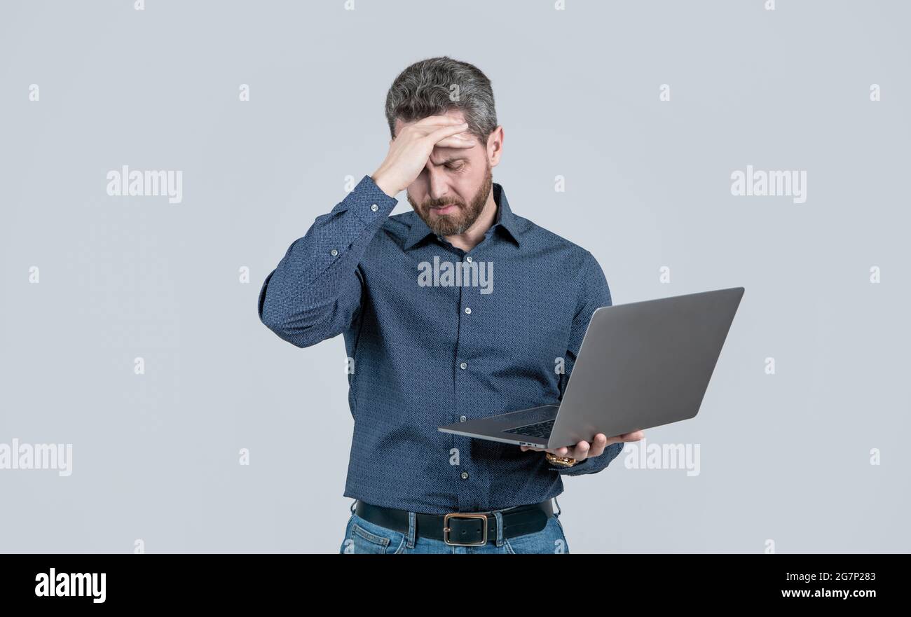 tired programmer man use pc. entrepreneur or manager. agile business ...