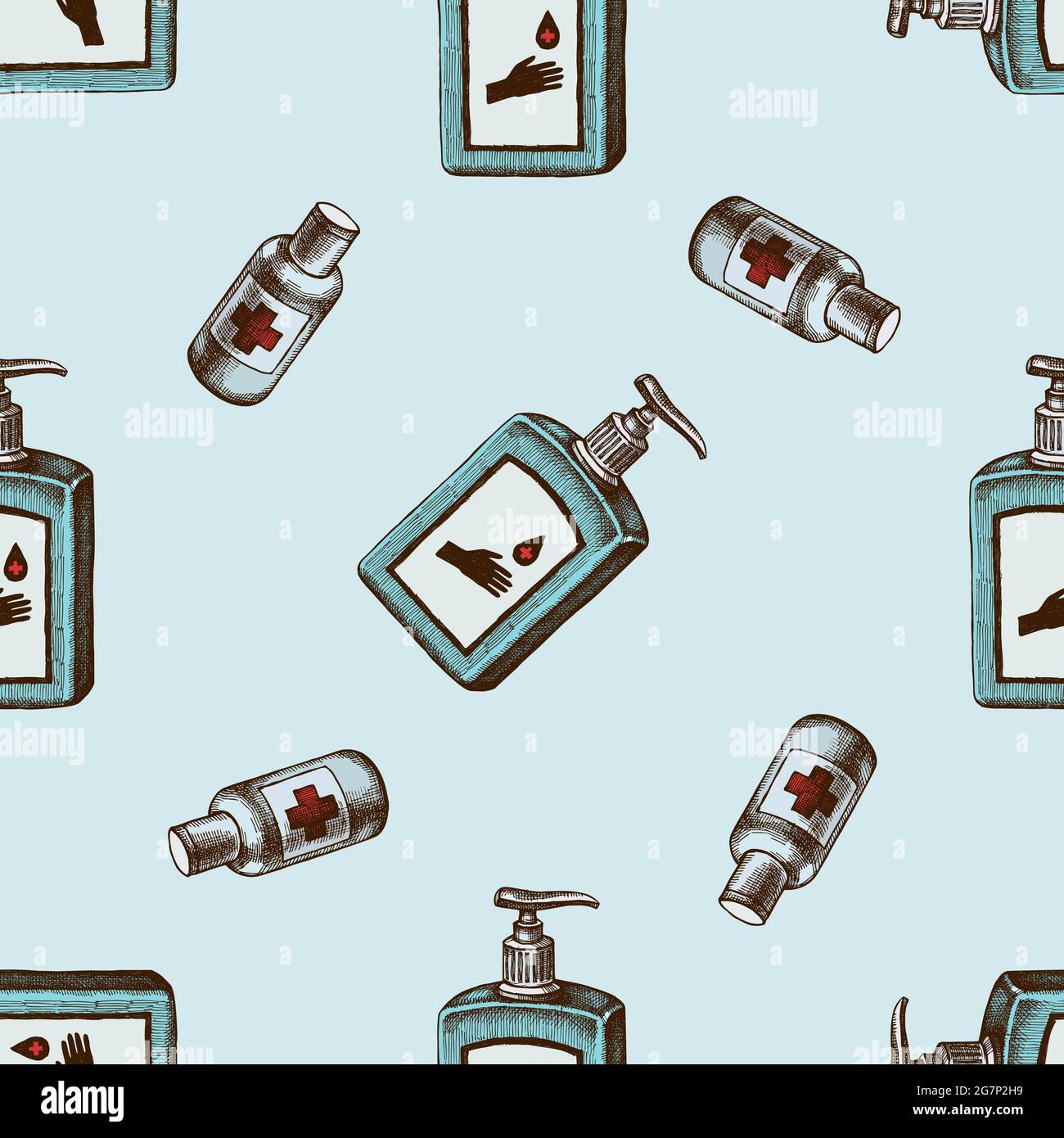 Seamless pattern with hand drawn colored sanitizer bottles Stock Vector