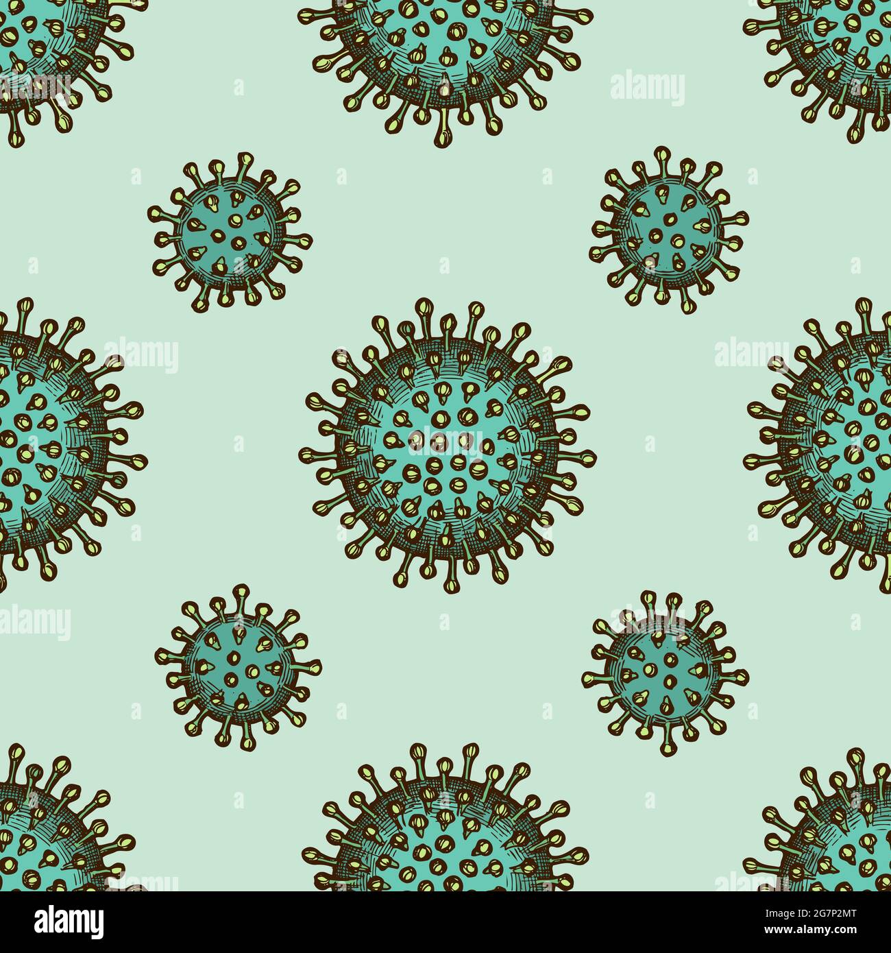 Seamless pattern with hand drawn colored coronavirus bacteria cell Stock Vector