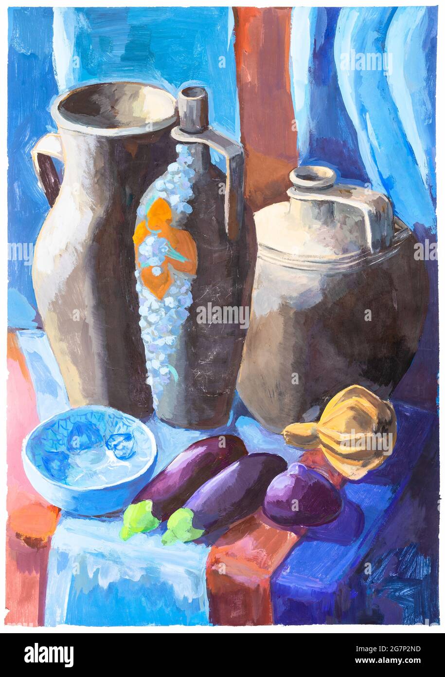 still life with ceramic jugs and eggplants on blue and red fabric  hand-painted by tempera paints on white paper Stock Photo - Alamy