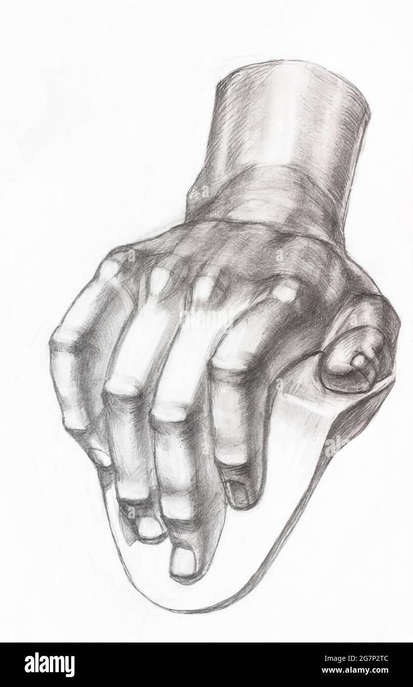 academic drawing - hand-drawn plaster cast of male hand by graphite pencil on white paper Stock Photo