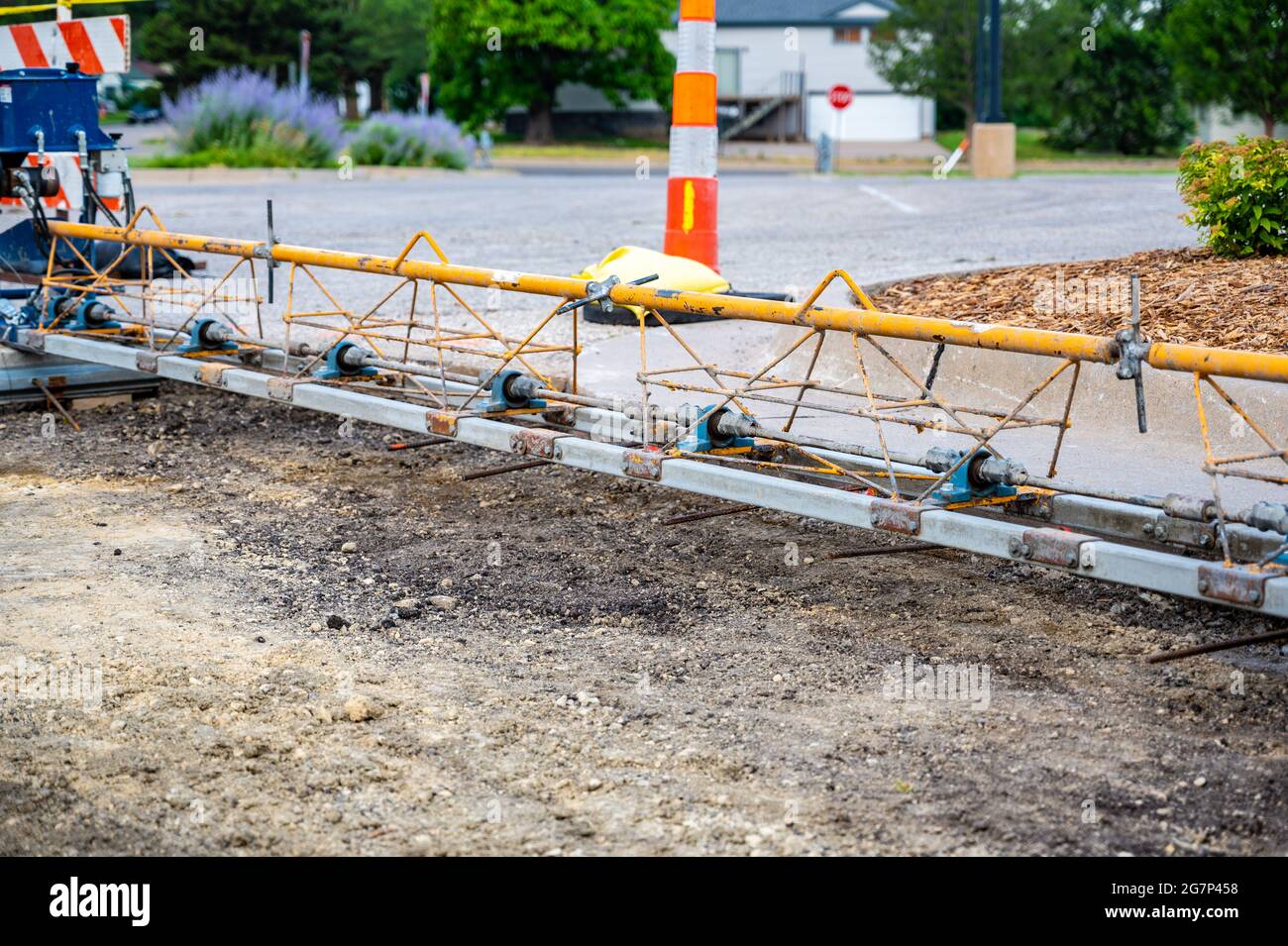 Power screed setup and ready for pouring concrete on prepared subbase