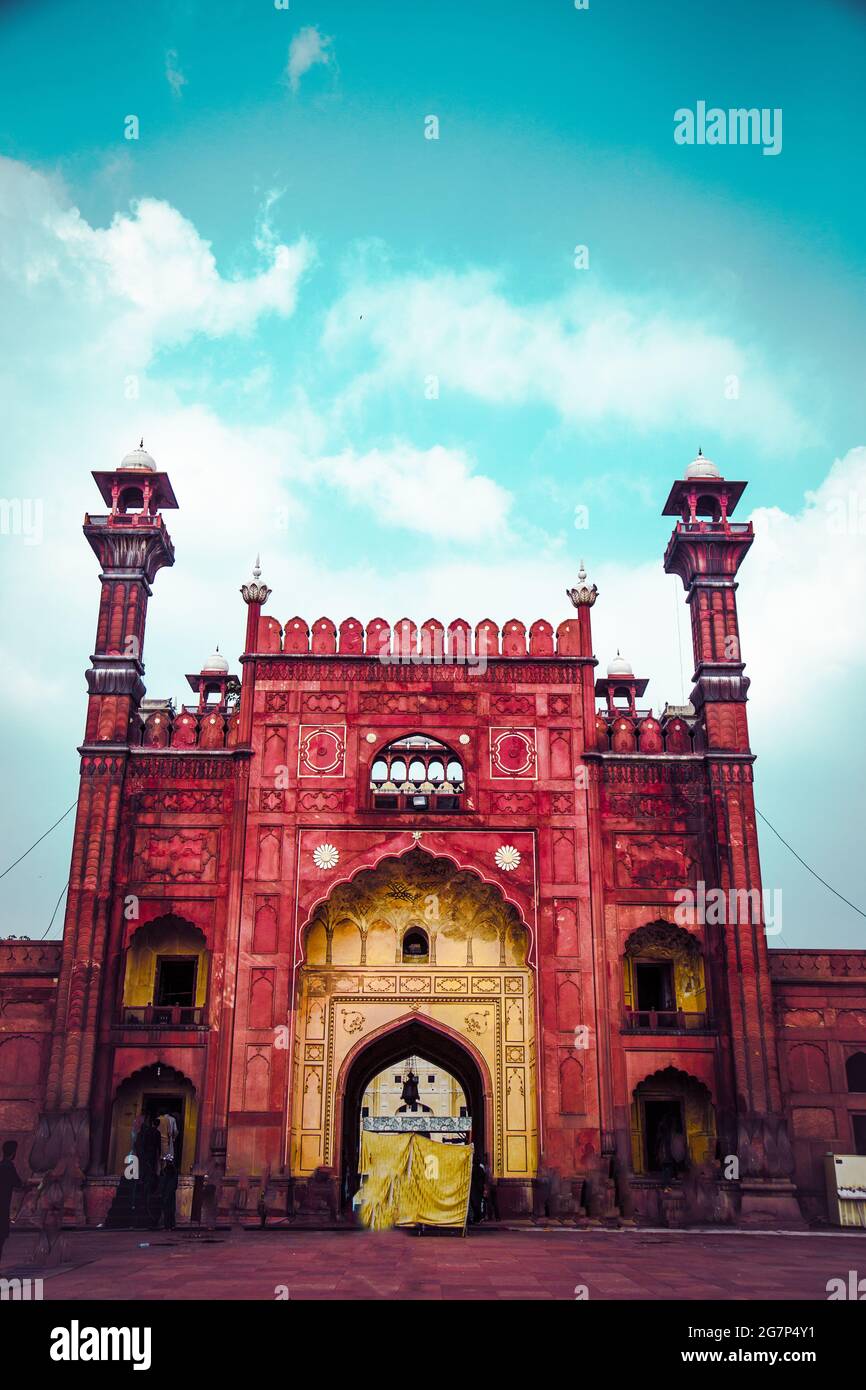 Beautiful Front Gate view of Badshahi Masjid Lahore Pakistan Lahore Punjab Pakistan Blue sky With clouds Background Stock Photo