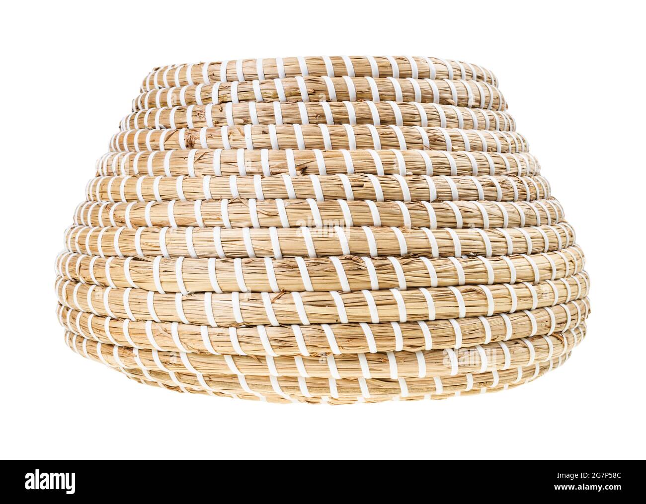 side view of open moroccan wicker basket from seagrass isolated on