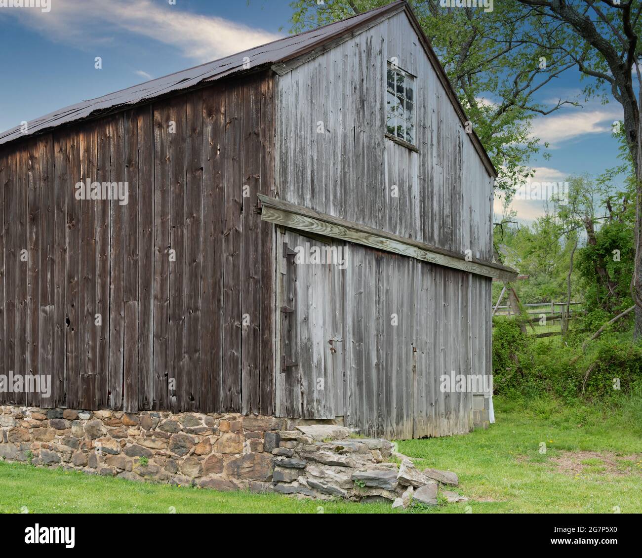 Closeup of an old, vintage, wooden barn in the country. Stock Photo