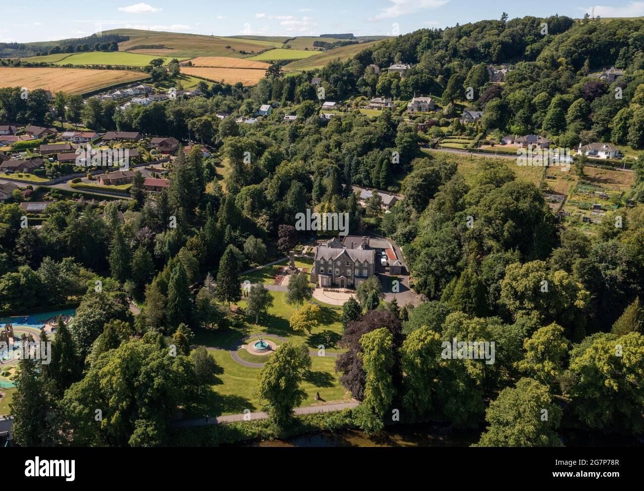 Aerial view of the Hawick museum, Wilton Lodge Park, Hawick, Scotland. Stock Photo