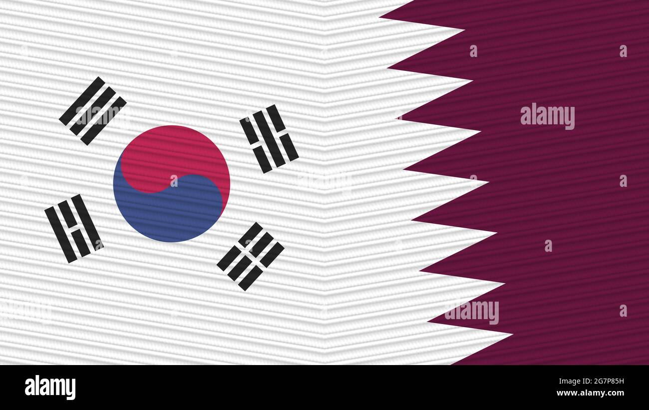 Qatar and South Korea Two Half Flags Together Fabric Texture Illustration Stock Photo