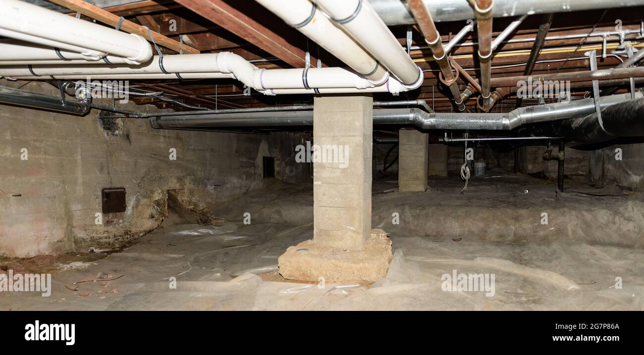 Reconstruction of an old home in the basement with new ductwork Stock