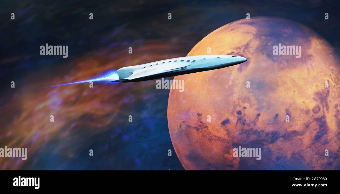 Voyage to Mars - A spaceship full of people from Earth come to Mars planet to establish a colony. Stock Photo