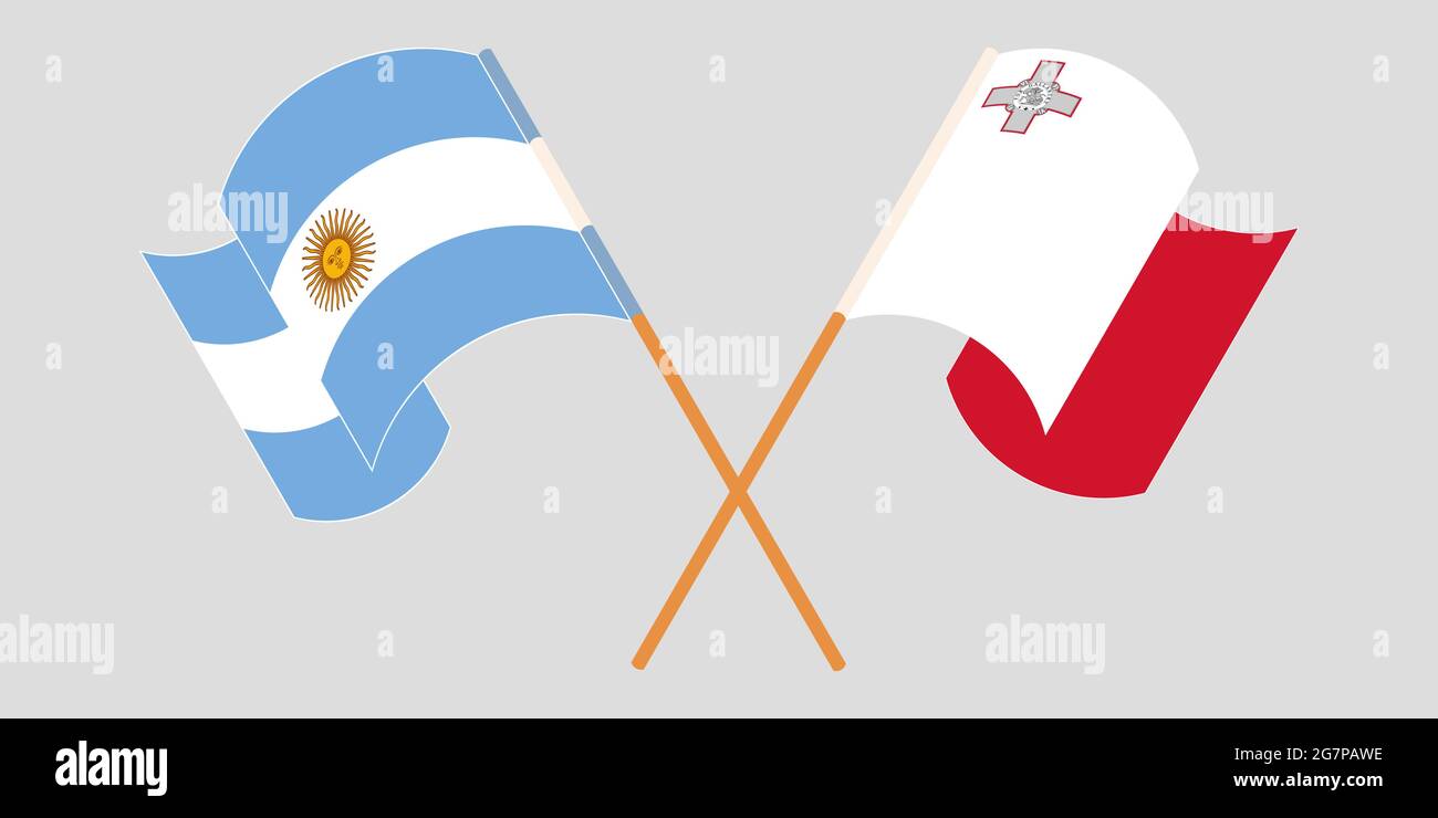 Crossed and waving flags of Malta and Argentina. Vector illustration Stock Vector