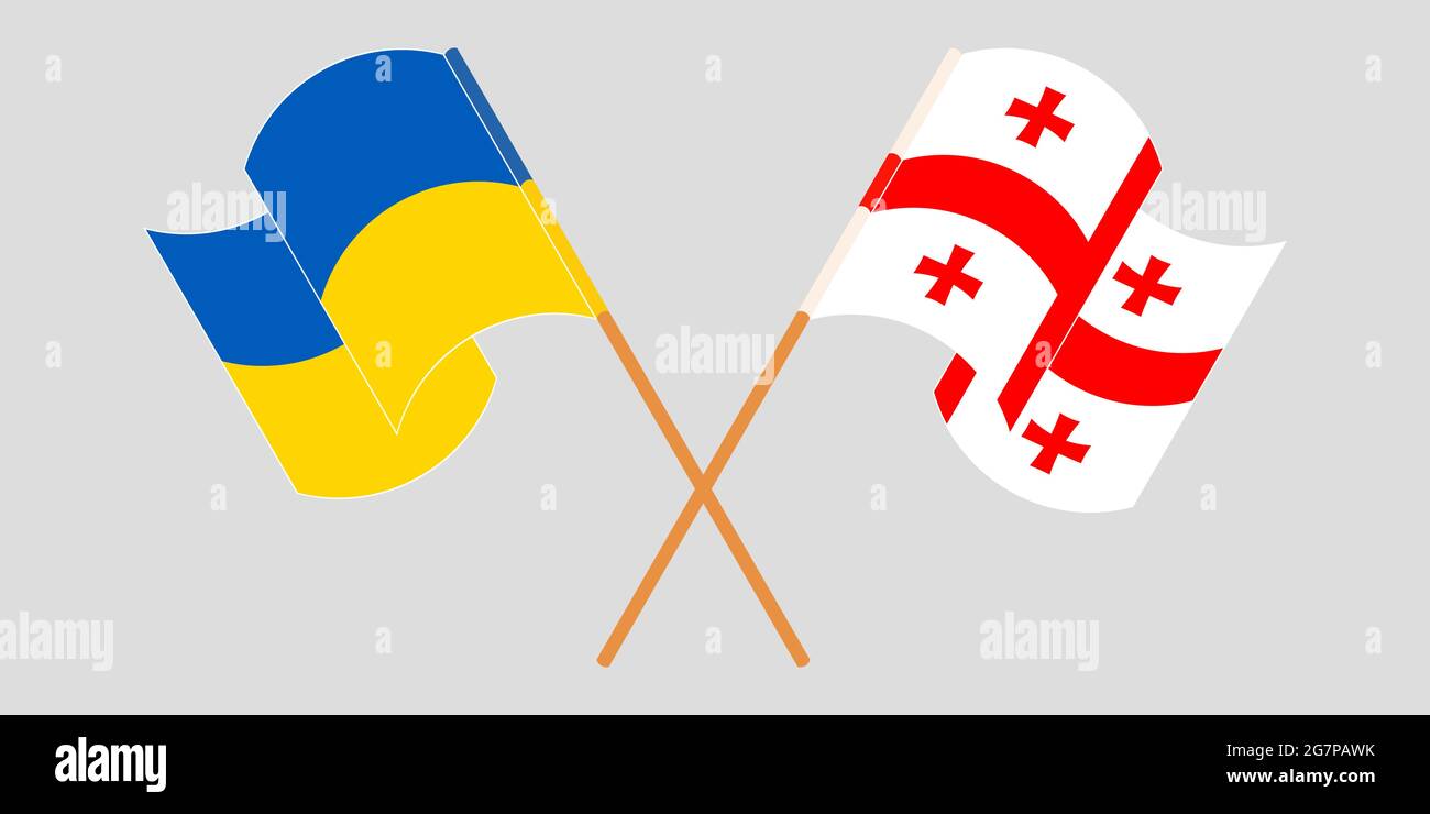 Crossed and waving flags of and the Ukraine. Vector
