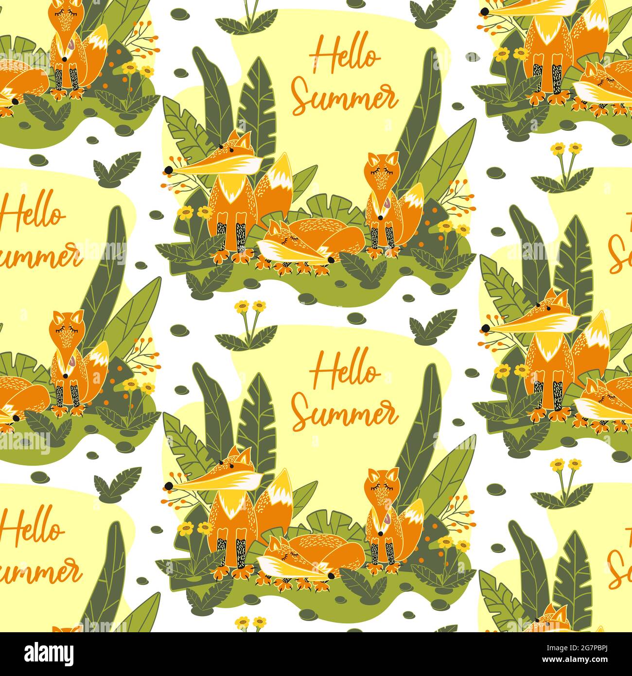 Seamless pattern with cute foxes in nature. A family of wild foxes in ...