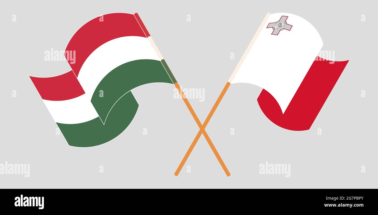 Crossed and waving flags of Malta and Hungary. Vector illustration Stock Vector