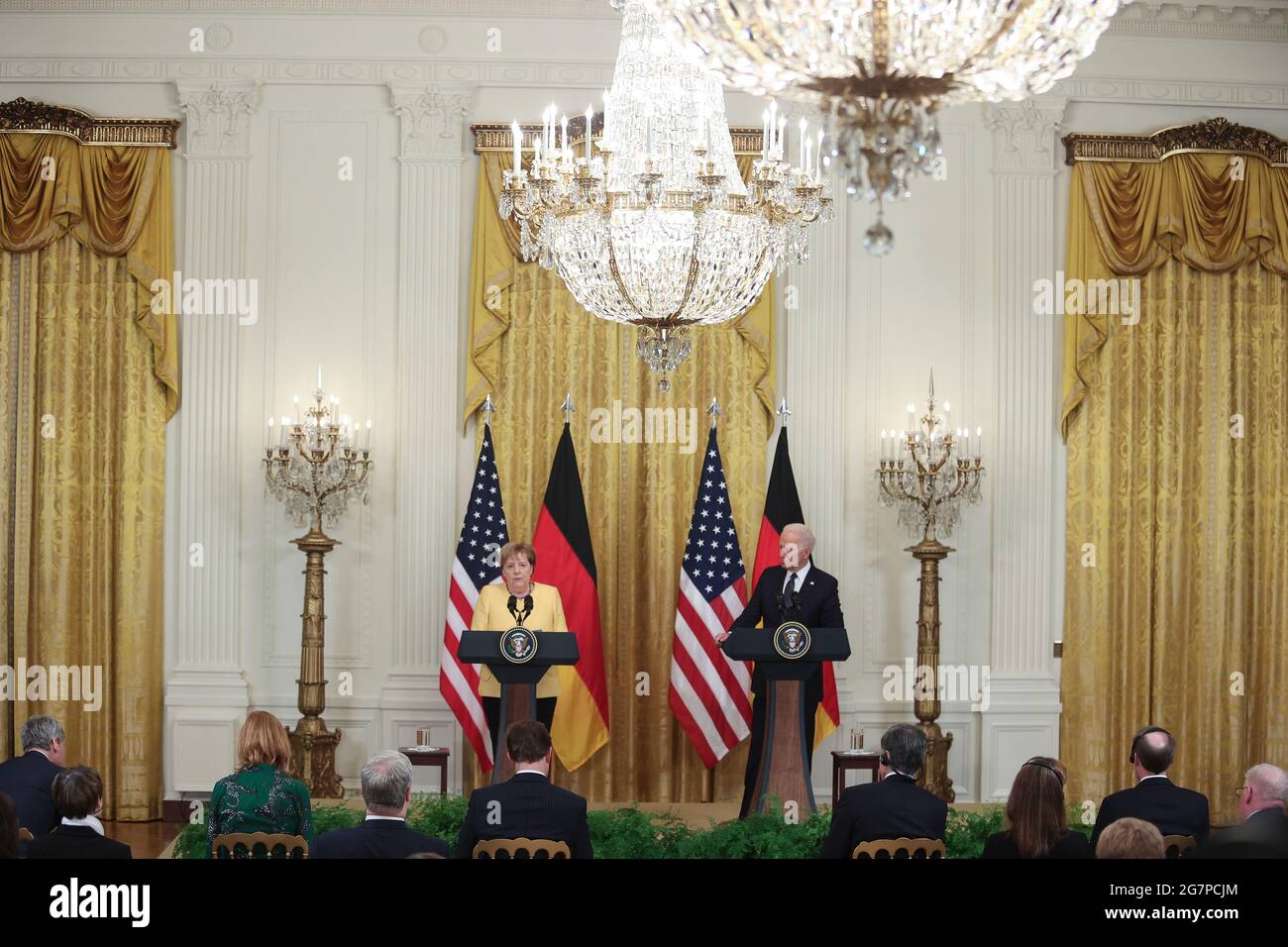Washington, USA. 15th July, 2021. German Chancellor Angela Merkel speaks during a joint press conference with US President Joe Biden in the East Room of the White House on July 15, 202?1 in Washington, DC. (Photo by Oliver Contreras/SIPA USA) Credit: Sipa USA/Alamy Live News Stock Photo