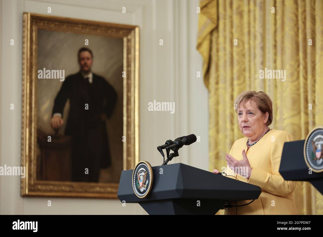 Washington, USA. 15th July, 2021. German Chancellor Angela Merkel speaks during a joint press conference with US President Joe Biden in the East Room of the White House on July 15, 202?1 in Washington, DC. (Photo by Oliver Contreras/SIPA USA) Credit: Sipa USA/Alamy Live News Stock Photo