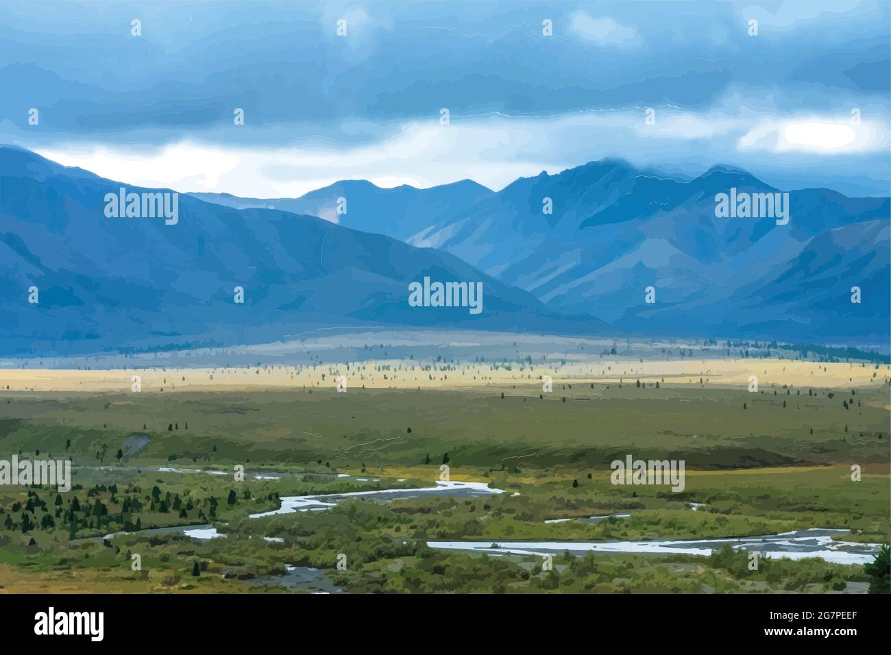 Denali National Park, Alaska, vector landscape, pacific north west mountains. Stock Vector