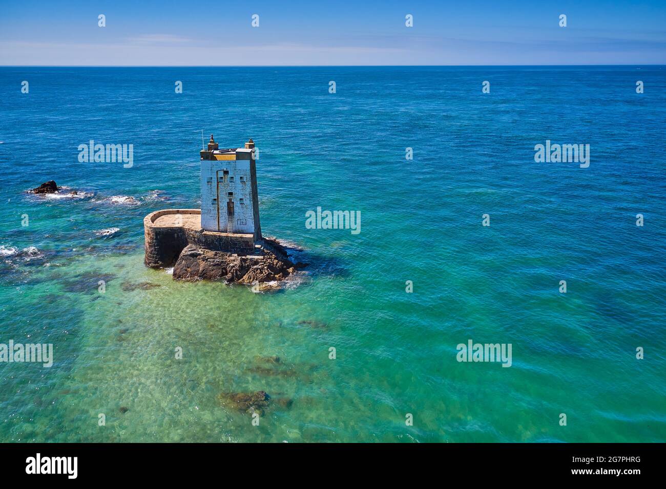 Aerial drone image of Seymour Tower at high tide in the sunshine