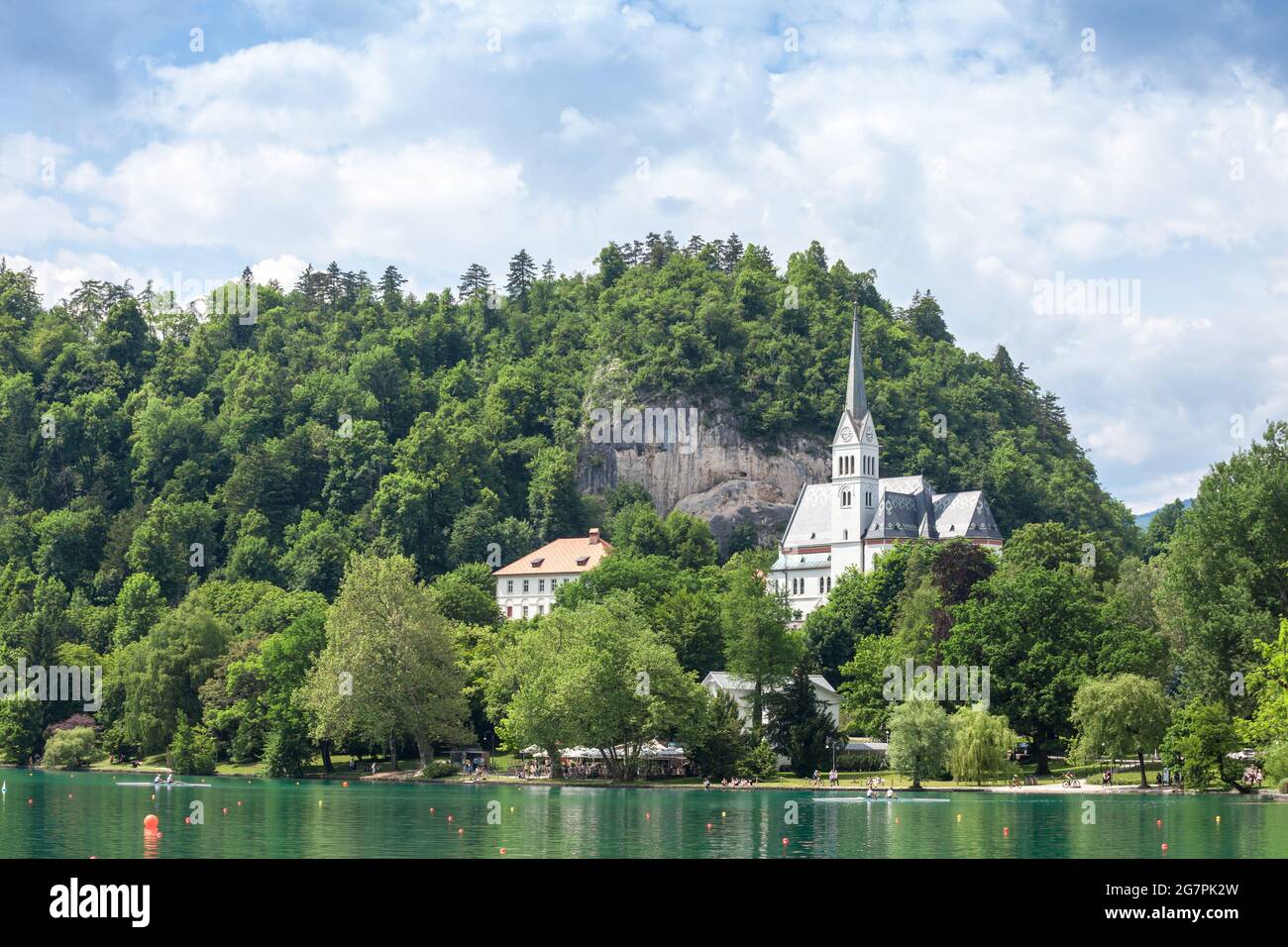 Picture of the bled lake and the church saint martin in Bled, Slovenia. St. Martin's Parish Church in Bled (northwestern Slovenia) is the parish churc Stock Photo
