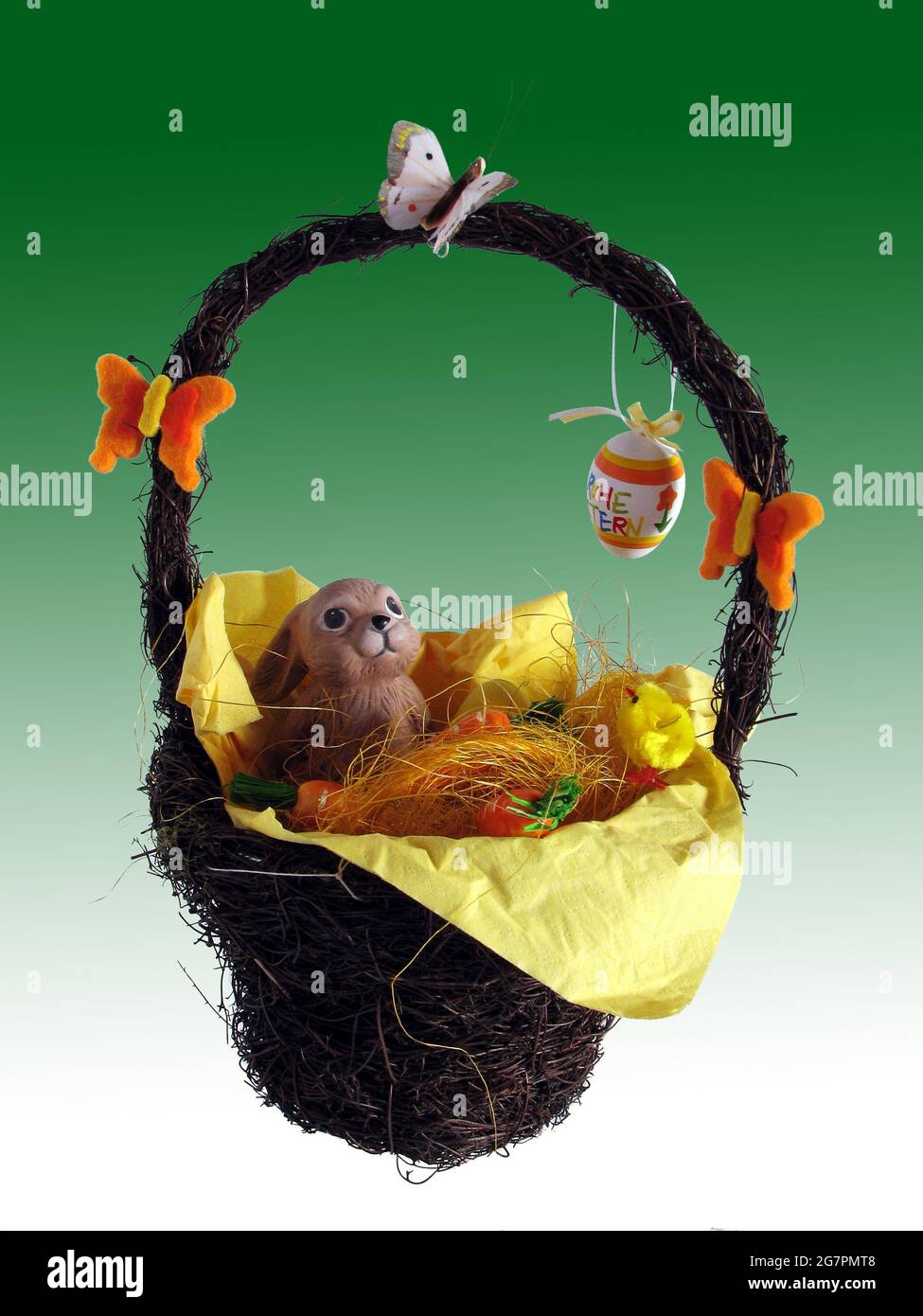 Cute Easter basket with a rabbit and eggs isolated in the gradient ...
