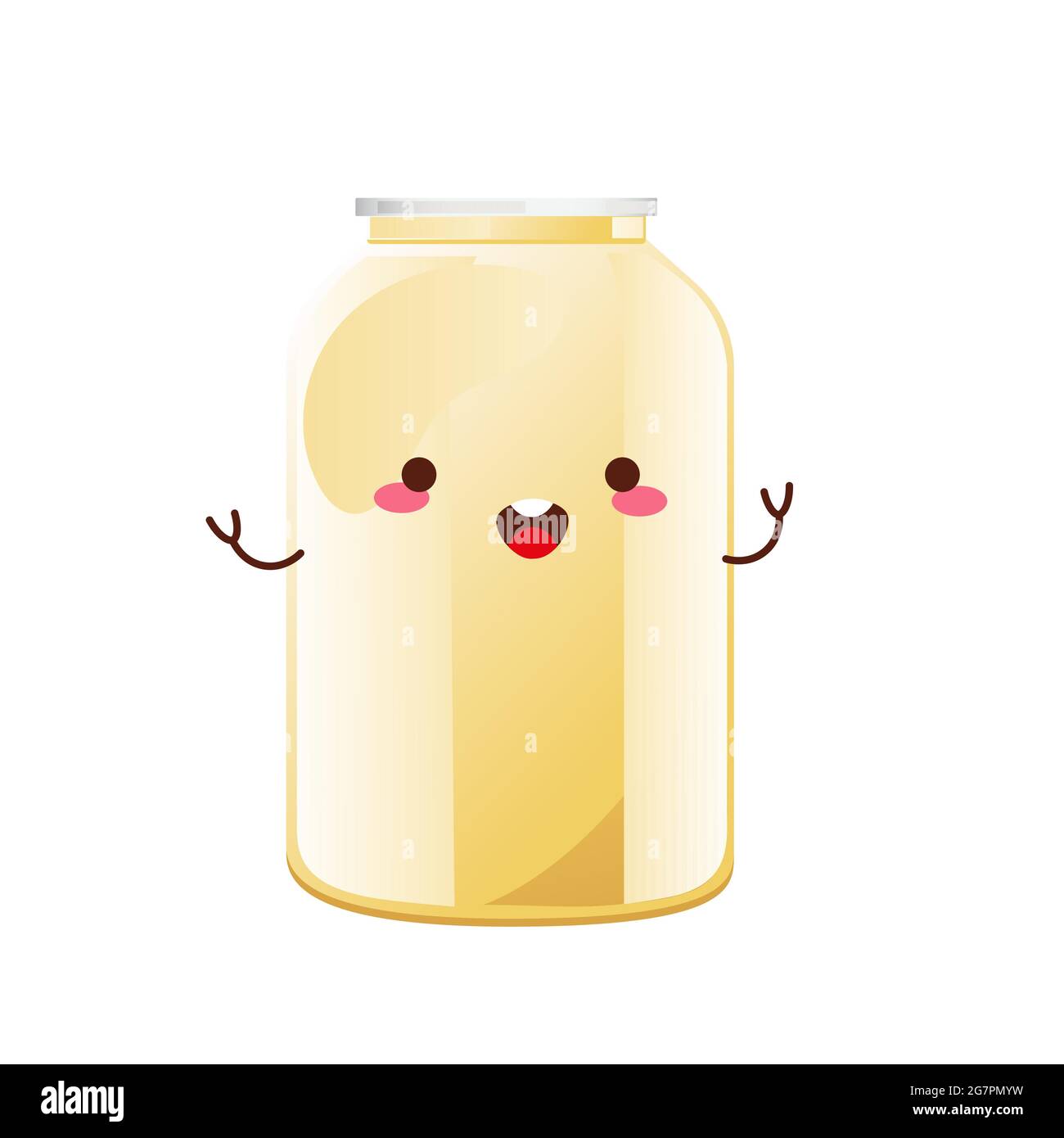 Mayonnaise cute character in glass bottle. Jar with white sauce. Condiment container in cartoon