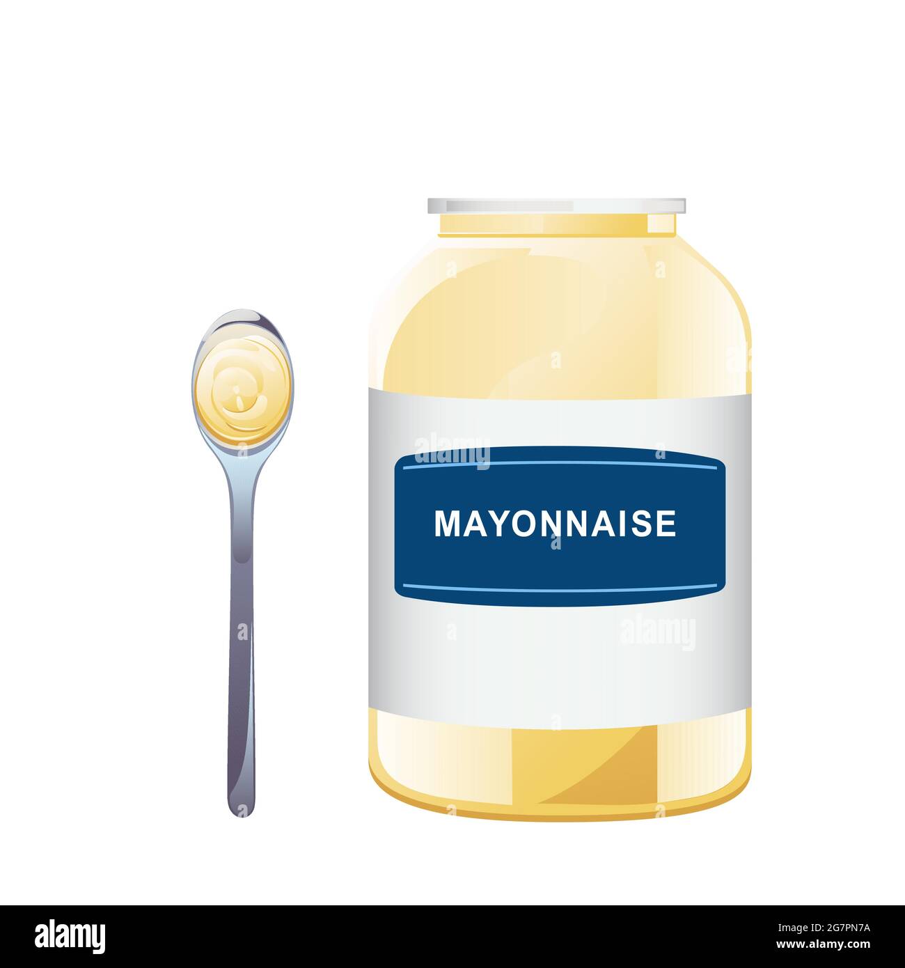 Mayonnaise in glass bottle with spoon set. Jar with white sauce. Condiment container in cartoon