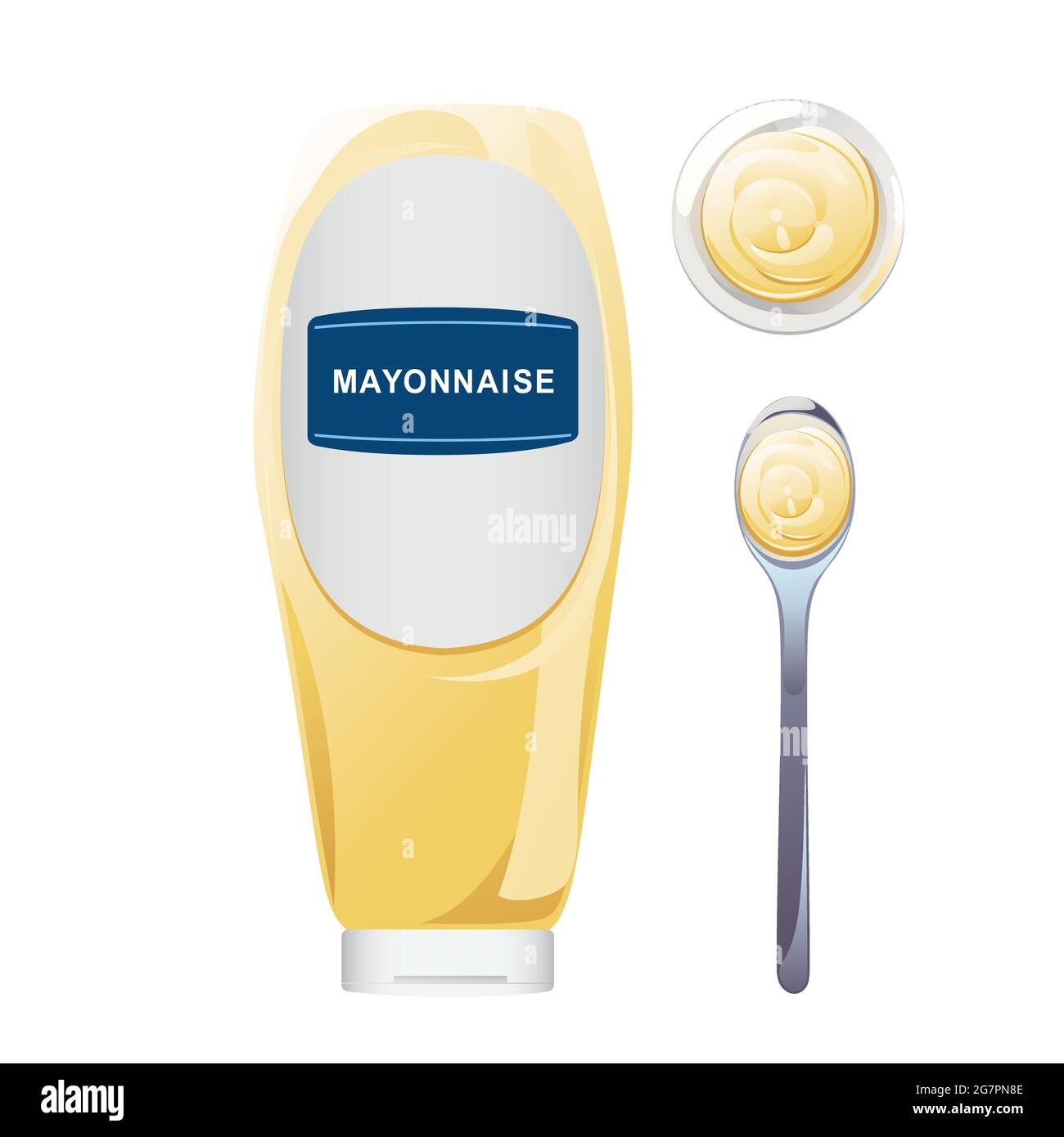 Mayonnaise in glass bottle with spoon set. Jar with white sauce. Condiment container in cartoon