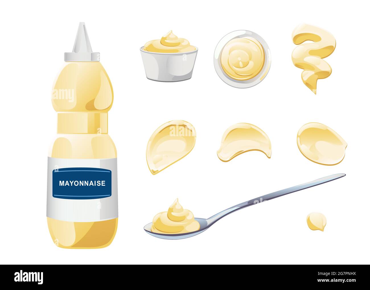 Mayonnaise in bowl, bottle, stains and splash set. Condiment white ...