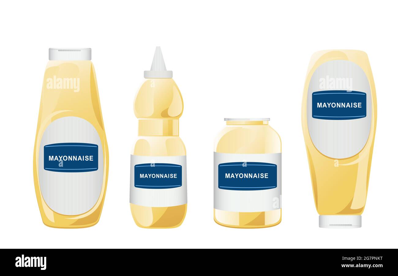 Mayonnaise in glass bottles set. Jars with white sauce. Condiment