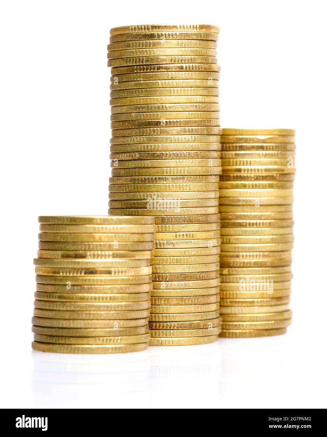 old & used golden coins stack up in white background Stock Photo