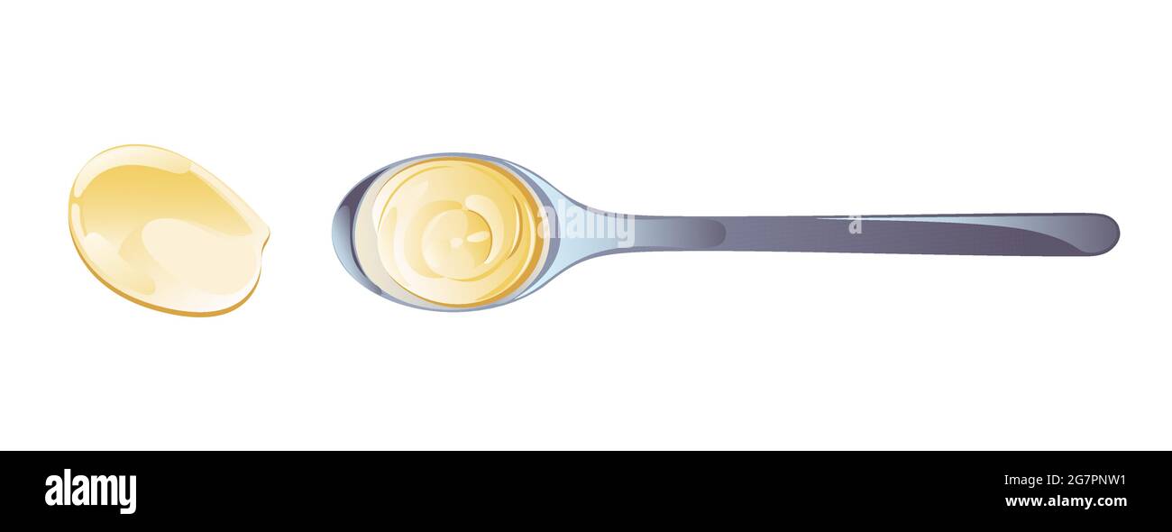 Mayonnaise in metal spoon in catroon flat style. Portion of sauce