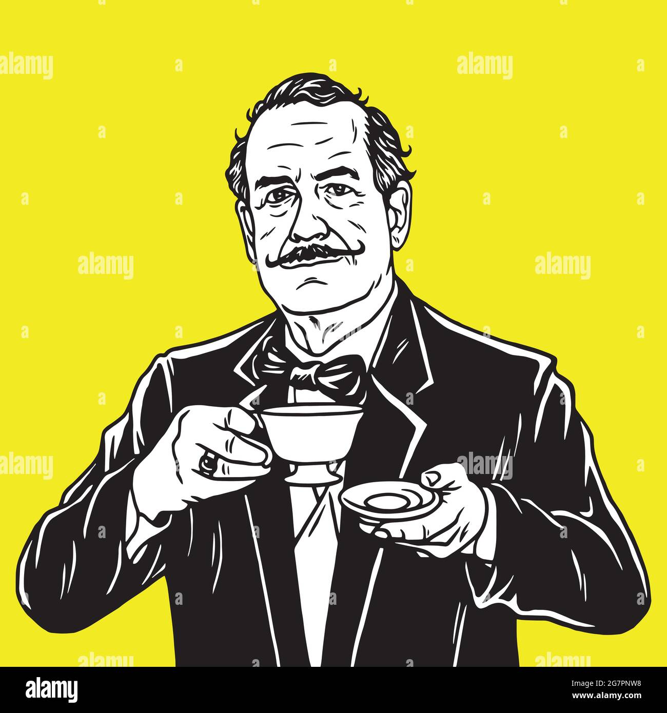 Man Mustache Drinking a Cup of Tea. Coffee Break. Vector Pop Art Illustration Stock Vector