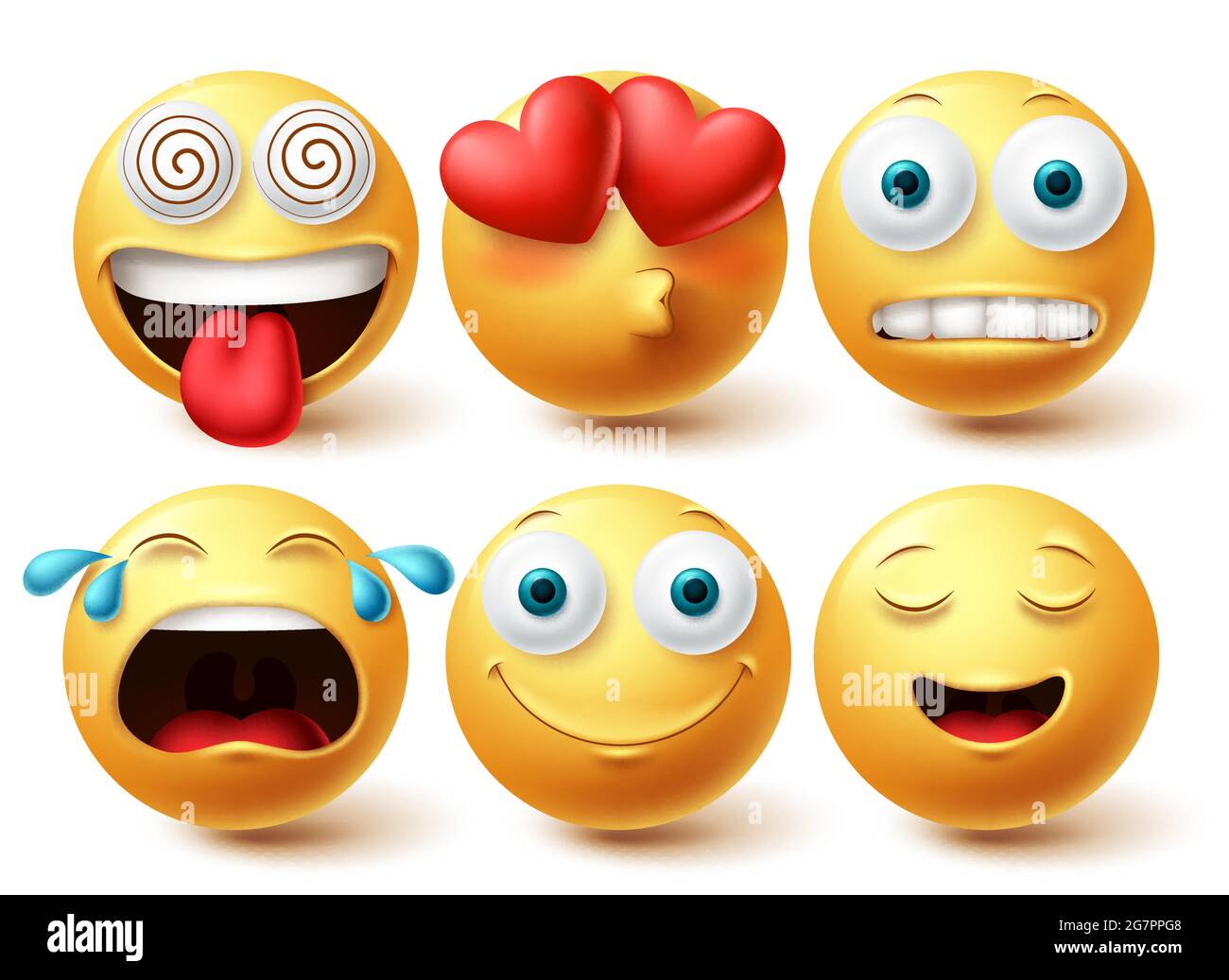 Smiley emoji vector set. Smileys emoticon happy, in love and crying faces icon collection isolated in white background. Vector illustration Stock Vector