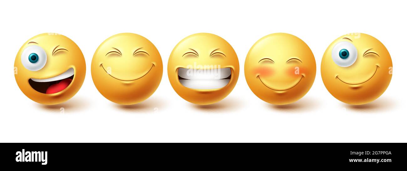 Smileys emoji happy face vector set. Smiley icons and emoticon with funny, happy and winking facial expressions in yellow color isolated in white back Stock Vector