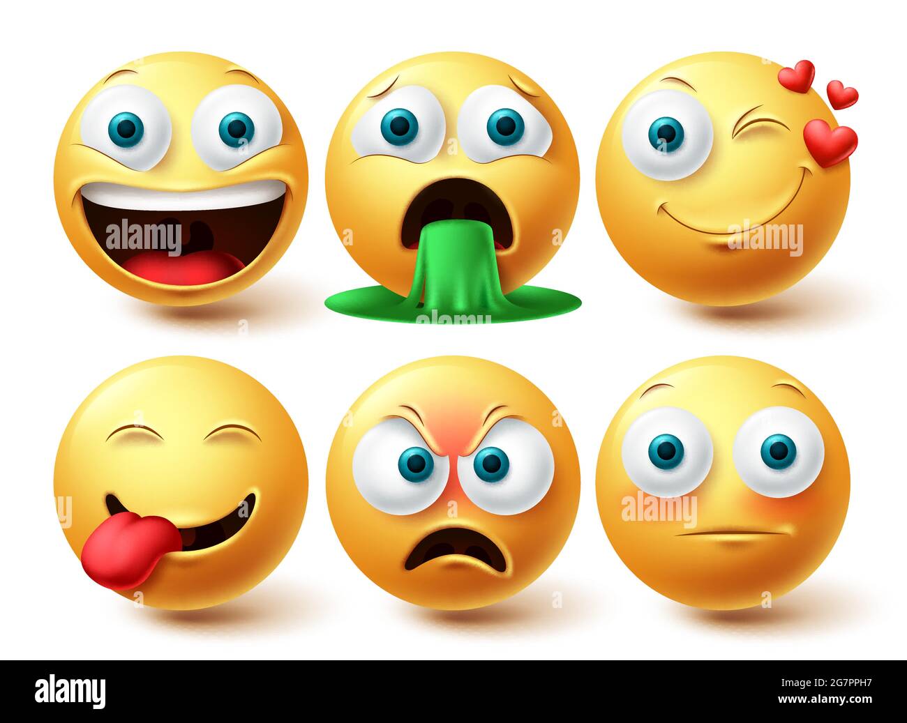 Emoji smileys vector set. Smileys emoticon happy, winking and angry face collection facial expressions isolated in white background for graphic design Stock Vector