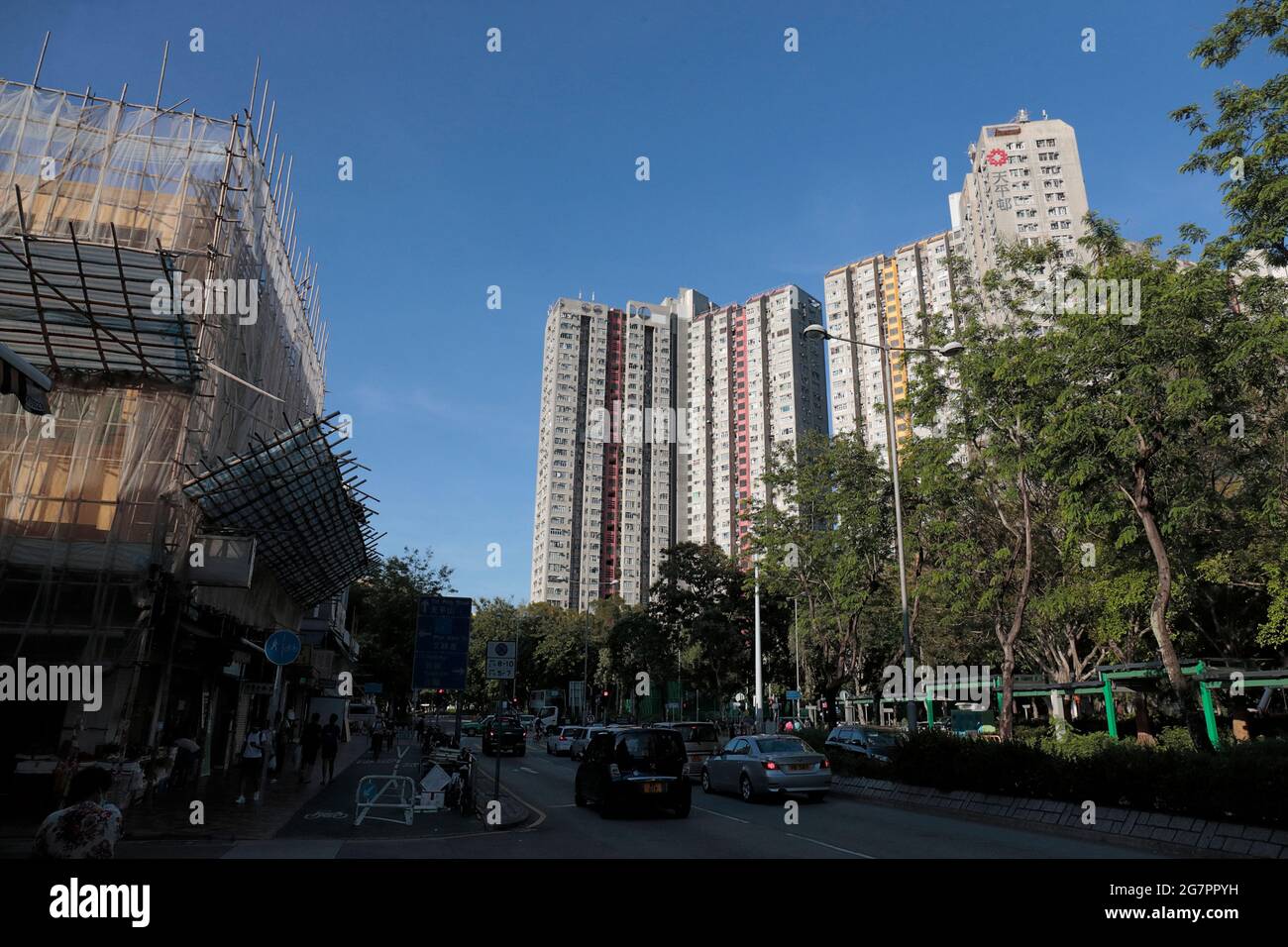 Tower blocks of Tin Ping (Public Housing) Estate, viewed from Lung Sum Avenue, Sheung Shui, late afternoon, New Territories, Hong Kong 15th July 2021 Stock Photo
