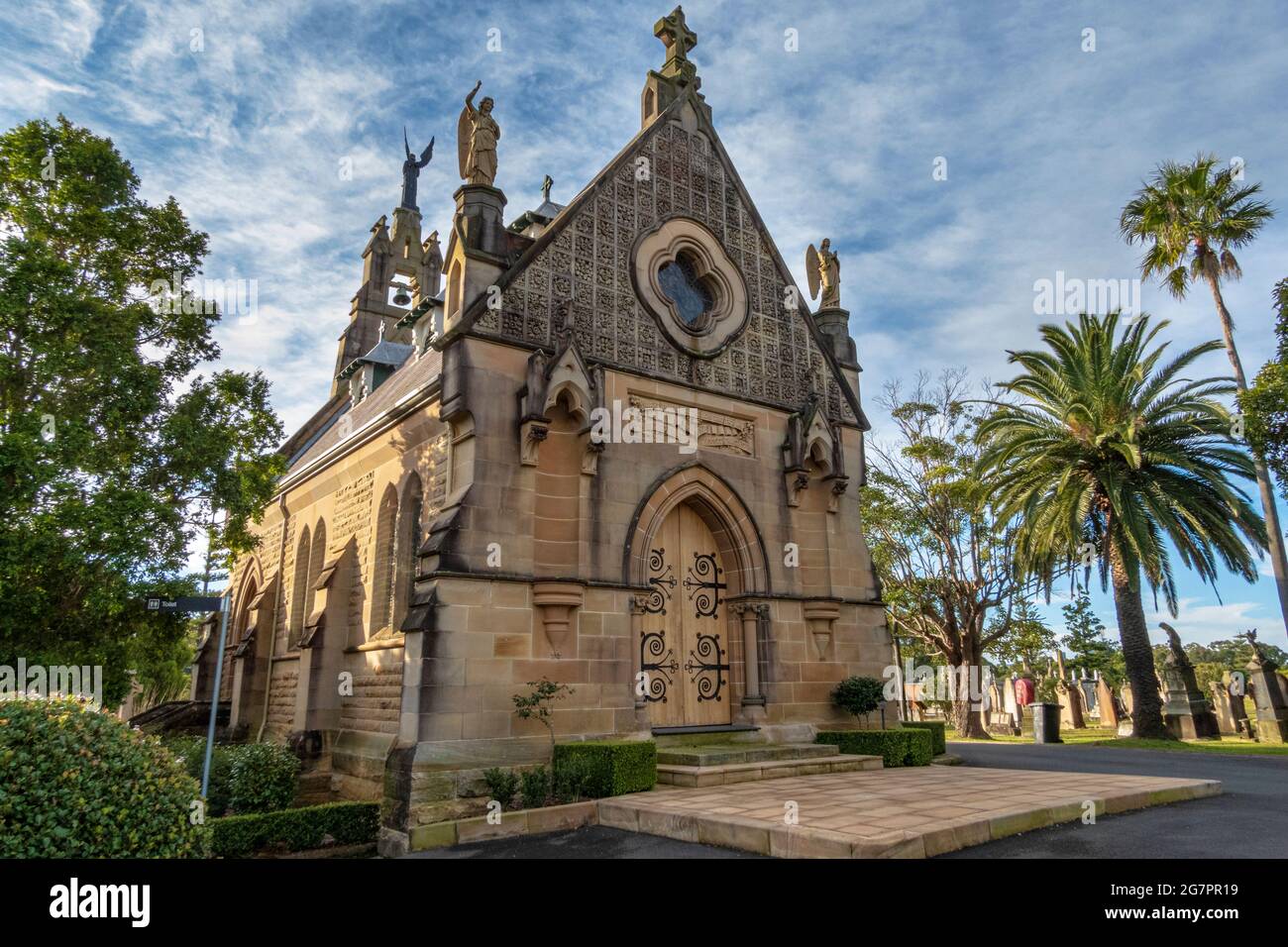 St Michael the Archangel Chapel, Rookwood Cemetry, Sydney, Australia, in afternoon sun with blue cloudy sky Stock Photo