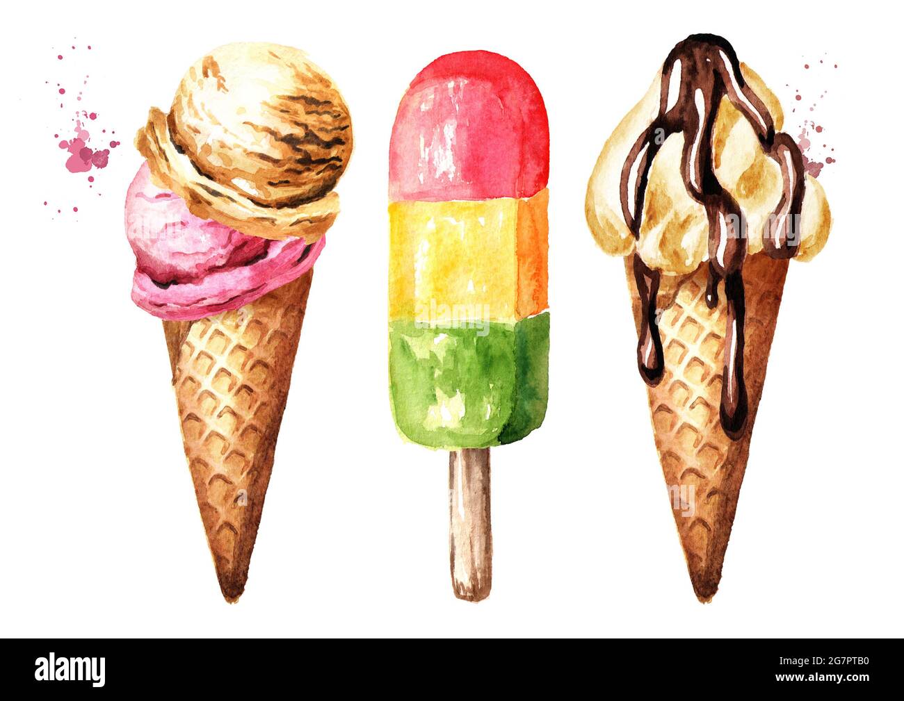 Ice cream set. Watercolor hand drawn illustration isolated on white ...