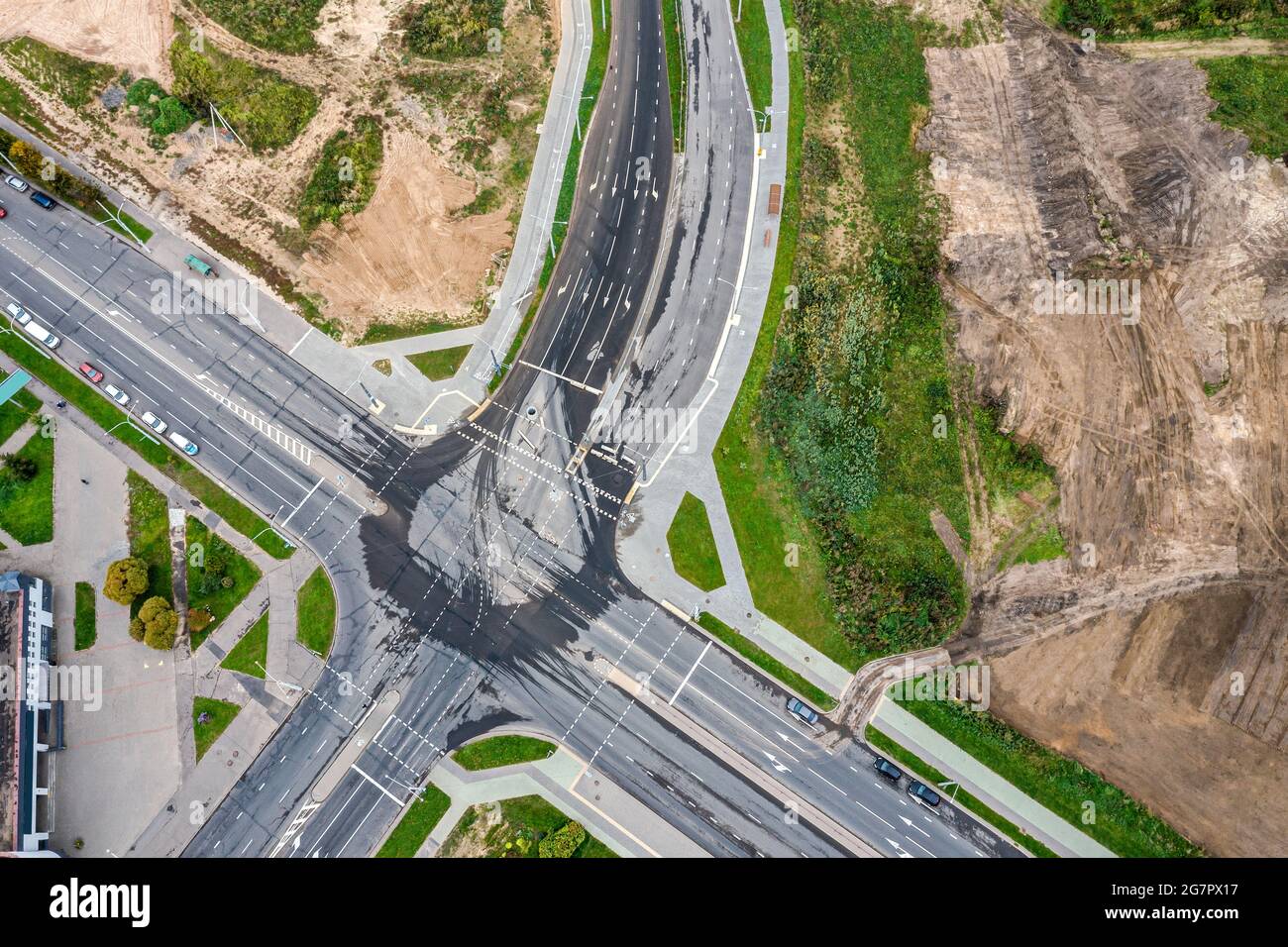 aerial top view of a road intersection in suburban neighborhood Stock Photo