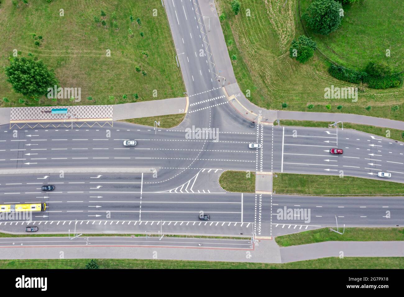 aerial top view of city highway in summer day. road intersection from above. Stock Photo