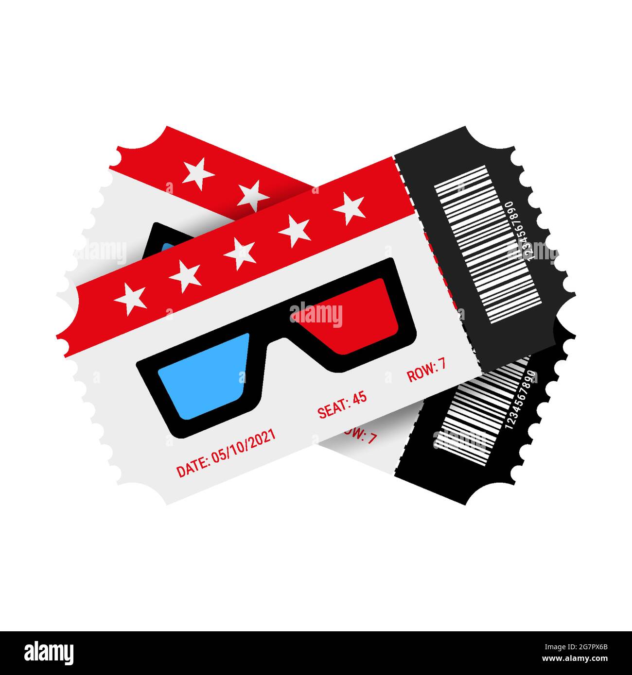 Two red and black designed movie tickets with barcode. A couple of