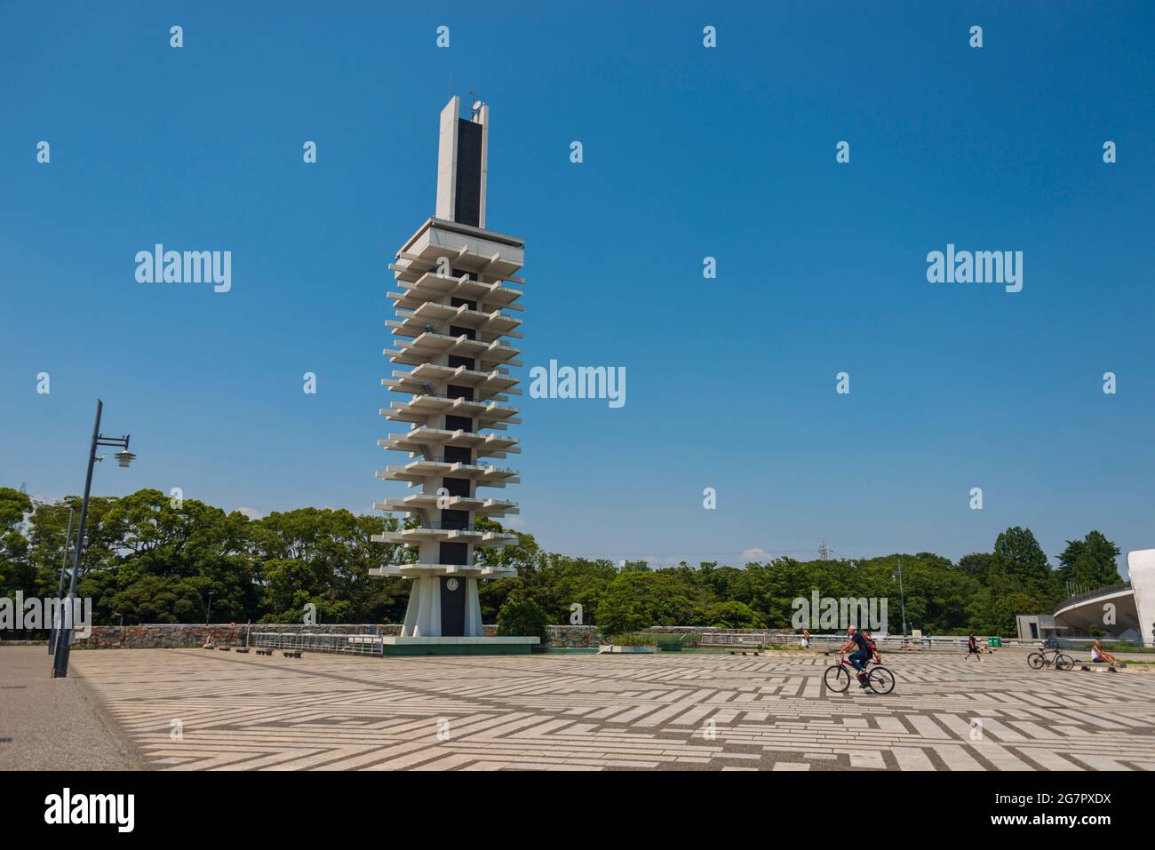 Photo shows the memorial tower inside Komazawa Olympic Park, Tokyo on 10 June 2021. During the 1964 Olympics the tower's primary function was a control tower in this the second largest venue during the Games. Robert Gilhooly photo Stock Photo