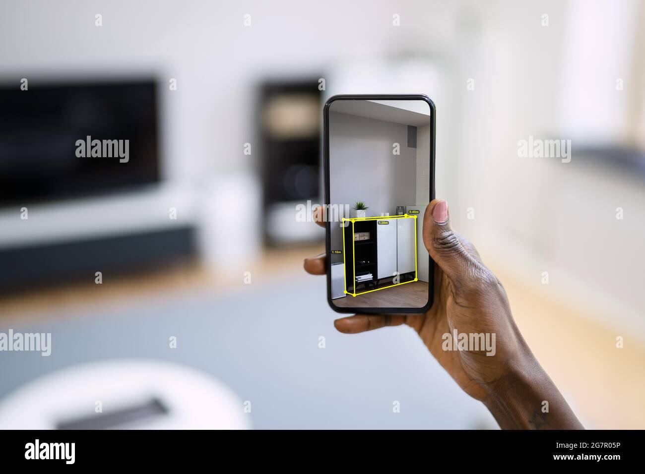 AR Mobile Phone Furniture Measurement App And Virtual Meter Stock Photo