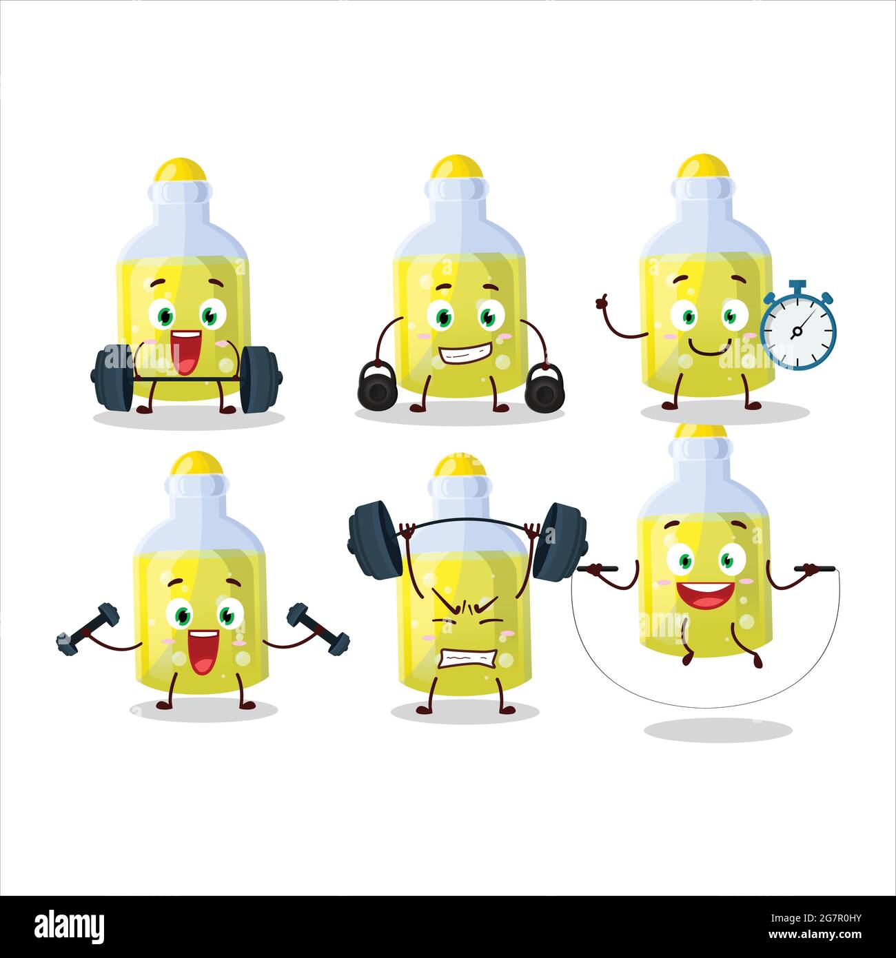 A healthy yellow magic potion cartoon style trying some tools on Fitness center. Vector illustration Stock Vector
