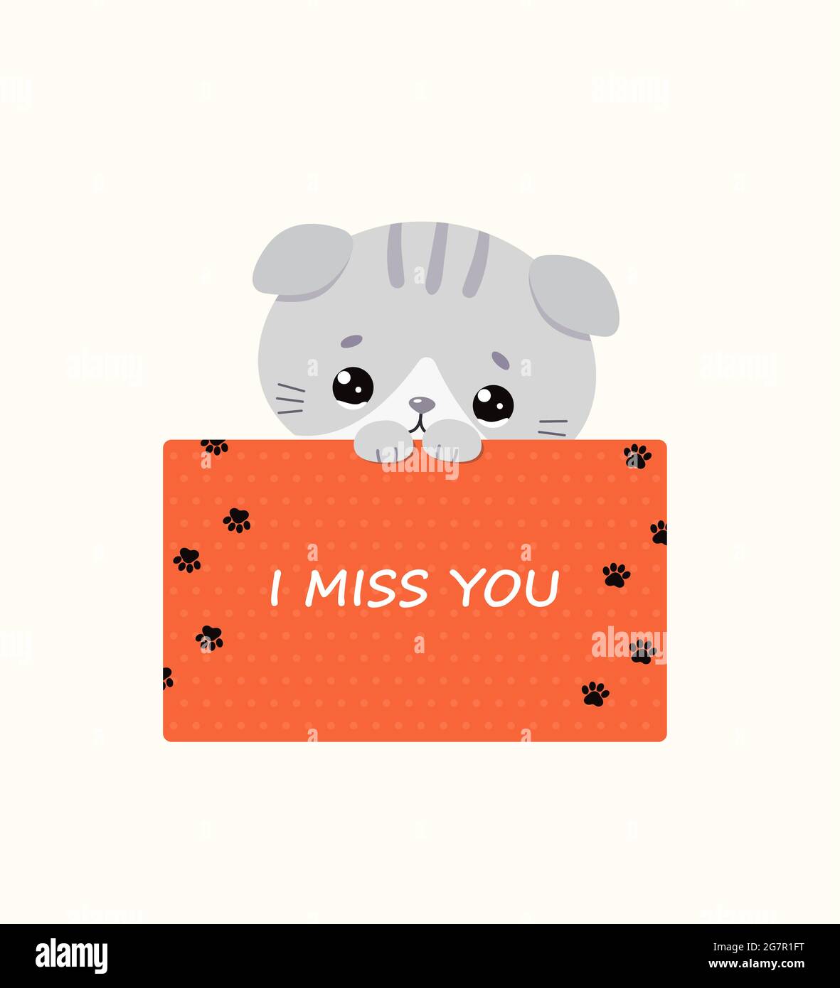 Card with cute kawaii sad cat. I miss you. Vector illustration ...