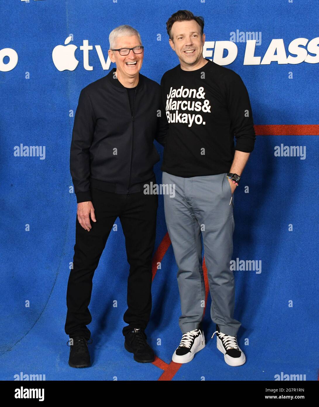 Los Angeles Usa 15th July 21 L R Apple Ceo Tim Cook And Jason Sudeikis Arrives At Apple S Ted Lasso Season 2 Premiere Held At The Pacific Design Centerpacific Design Center In West
