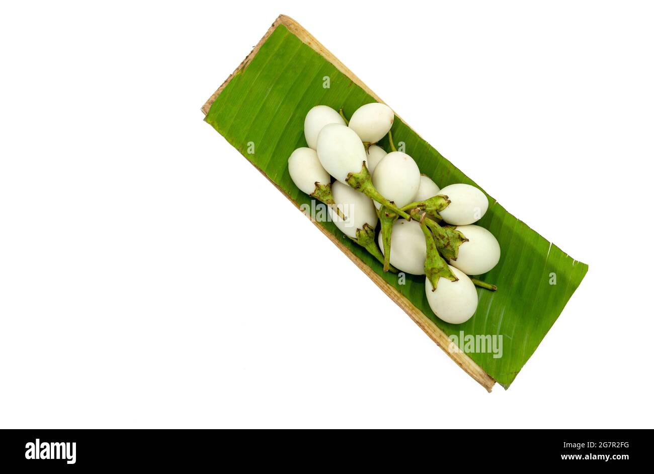 Top view white eggplant or Aubergine in a tray of banana leaf for sale on white background. Isolated white eggplant or Aubergine in a tray of banana l Stock Photo