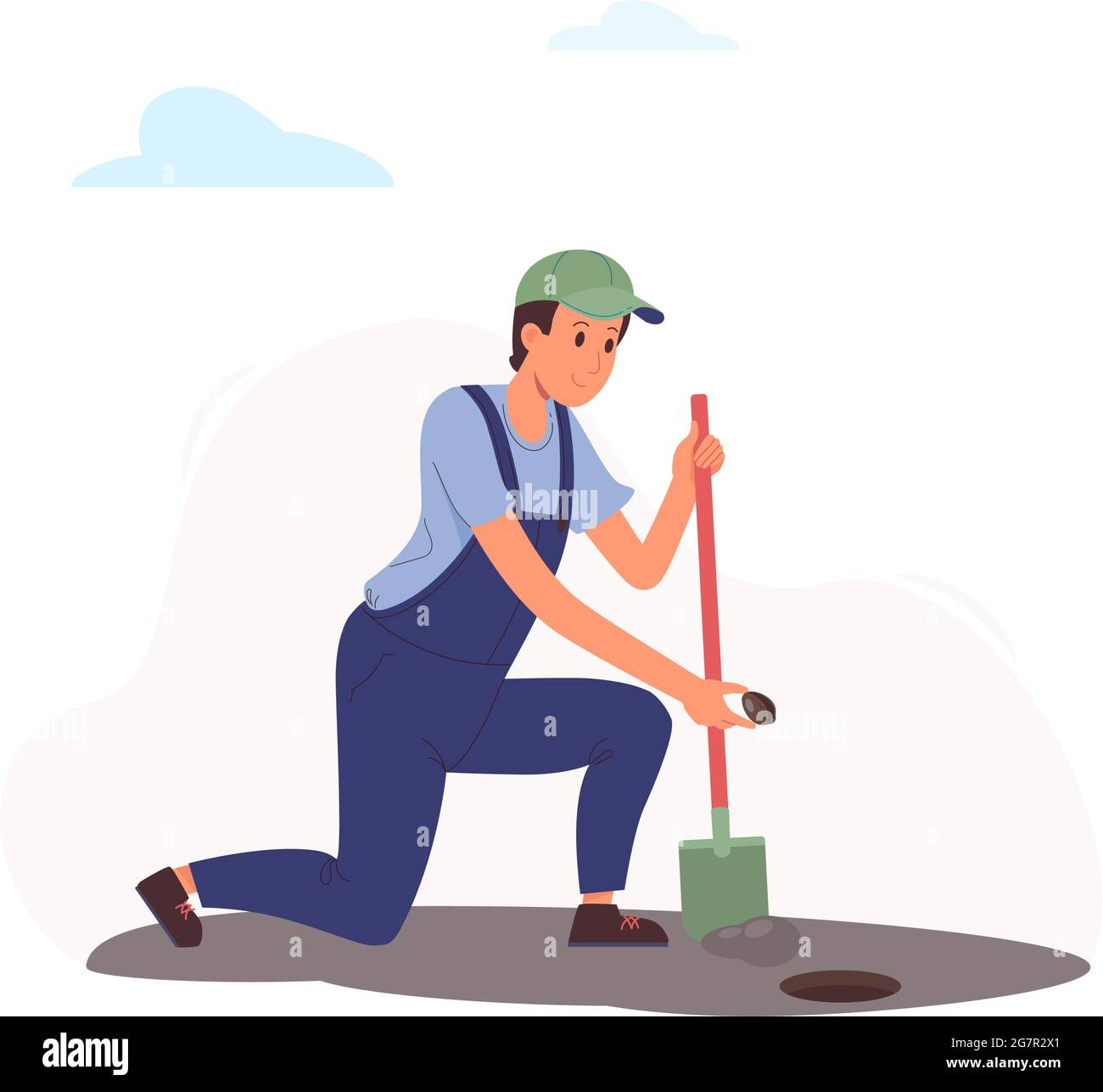 worker sows a seed in the ground. A man dug a hole in the garden with a shovel and bent to plant a plant. A guy in a blue jumpsuit and green cap cultivates seedlings. Vector flat illustration isolated Stock Vector