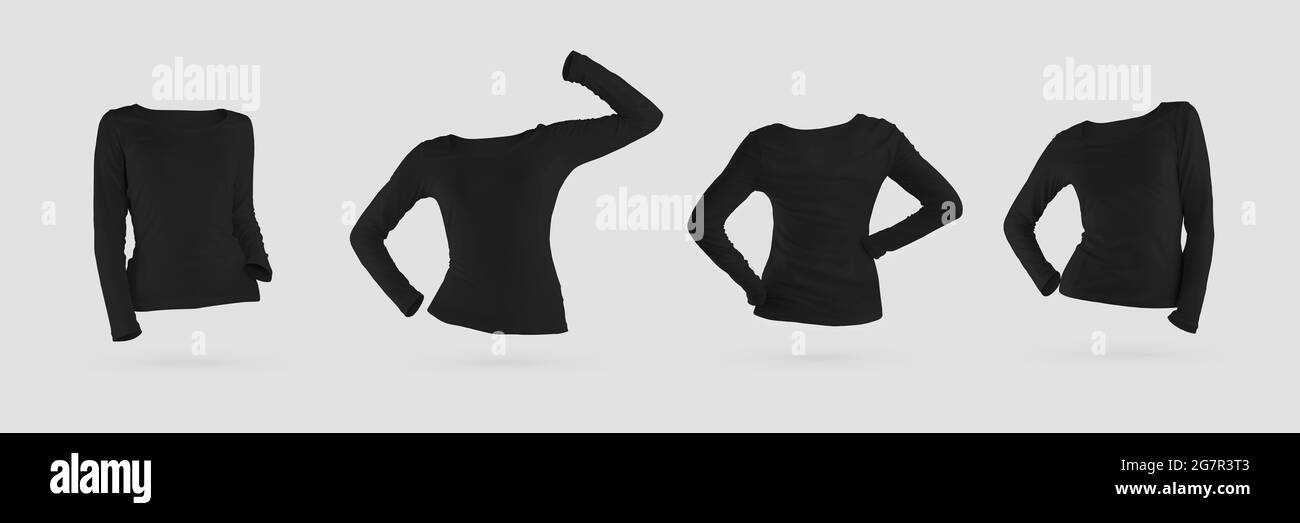 Mockup of a black sweatshirt 3D rendering with long sleeves, fashionable clothes for design presentation. Template female pullover isolated on backgro Stock Photo